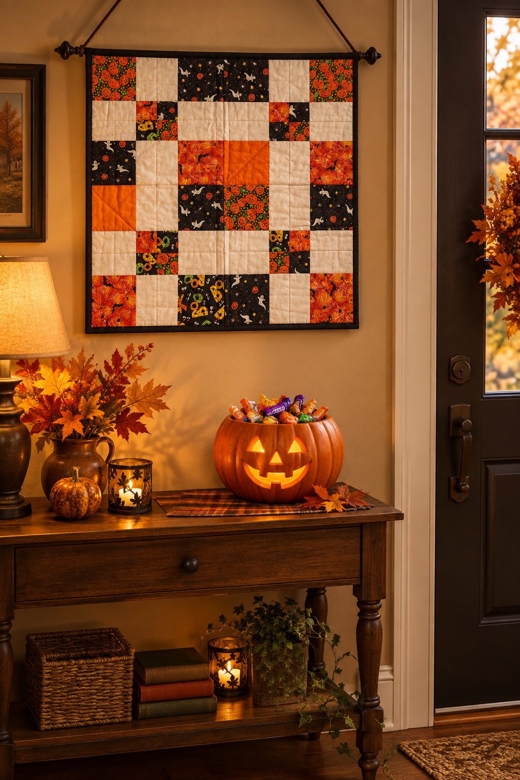 Reversible Quilted Halloween Table Mat – Halloween Patchwork & Fall Geometric Print