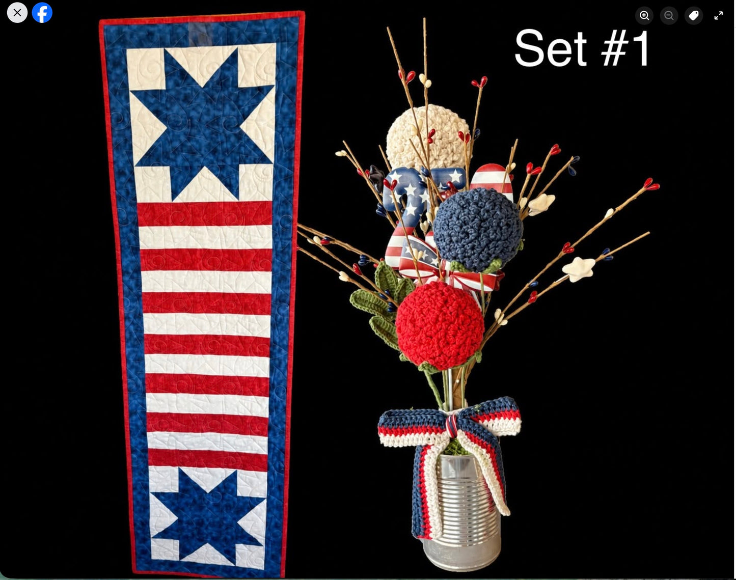 Stars & Stripes Patriotic Table Runner and Crocheted Flower Set - 1
