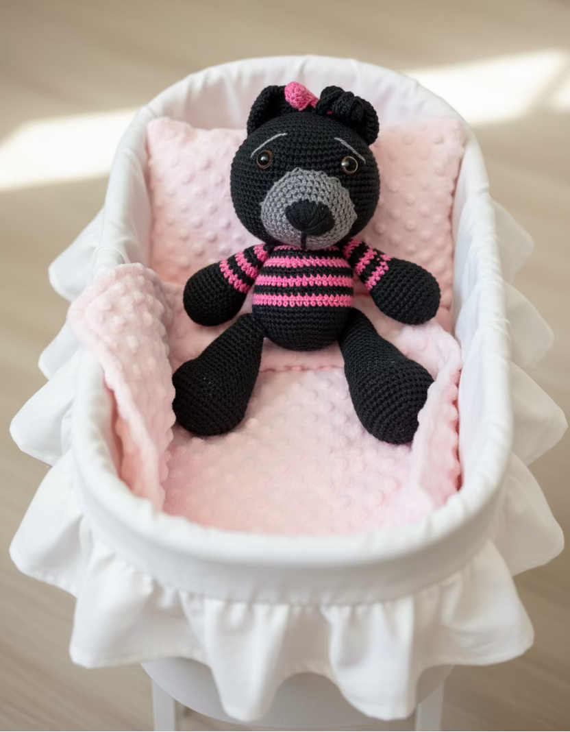 Pink Hearts Nursery Gift Set with Quilt, Diaper Caddy and Crocheted Teddy Bear