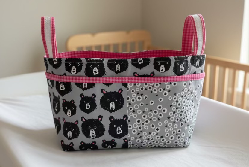 Pink Hearts Nursery Gift Set with Quilt, Diaper Caddy and Crocheted Teddy Bear