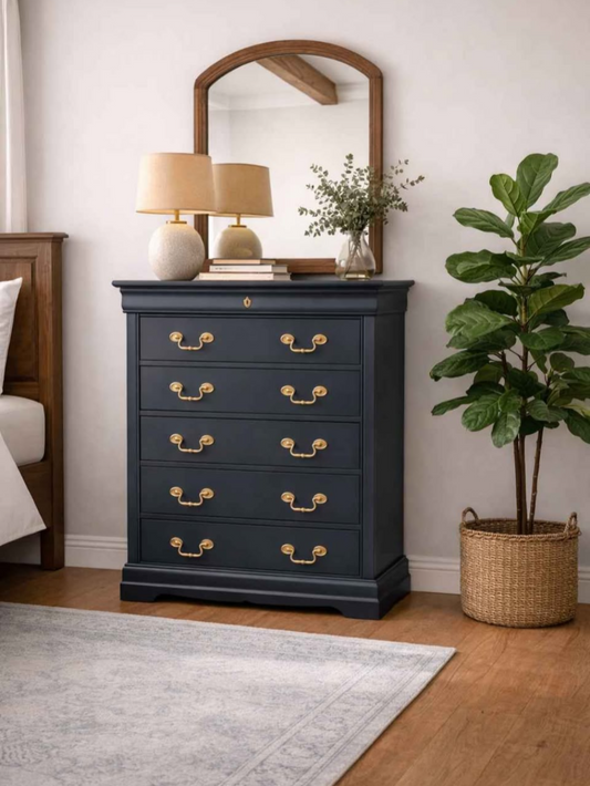 Dark Teal Five-Drawer Chest with Brass-Tone Hardware