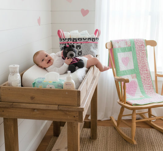 Pink Hearts Nursery Gift Set with Quilt, Diaper Caddy and Crocheted Teddy Bear