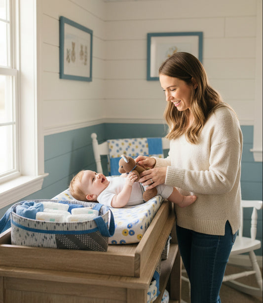 Cozy Blue Checkered Baby Blanket & Changing Set with Coordinating Teddy Bear