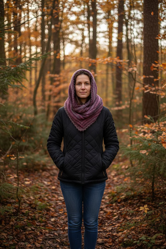 Handmade Crocheted Hooded Scarf – Purple & Plum