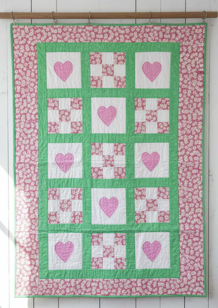 Pink Hearts Nursery Gift Set with Quilt, Diaper Caddy and Crocheted Teddy Bear