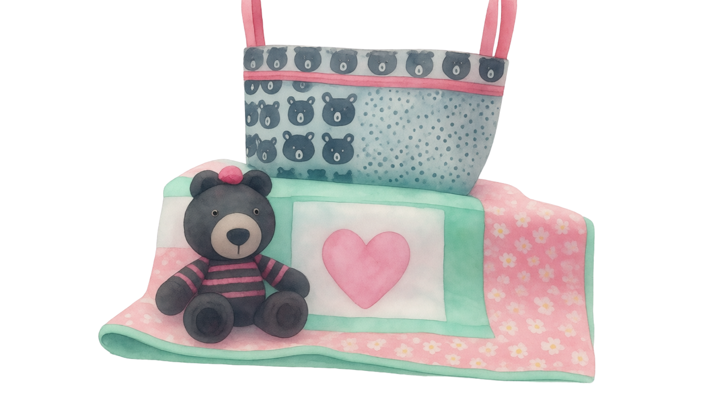 Handmade Baby Girl Gift Set – Bear Theme Nursery Set with Quilt, Basket & Crochet Teddy