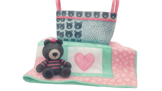 Handmade Baby Girl Gift Set – Bear Theme Nursery Set with Quilt, Basket & Crochet Teddy