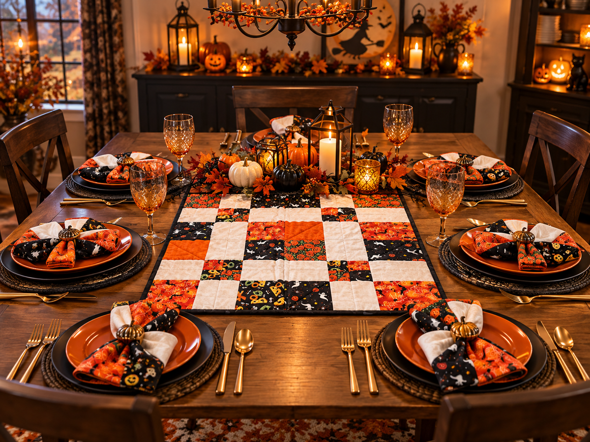 Reversible Quilted Halloween Table Mat – Halloween Patchwork & Fall Geometric Print