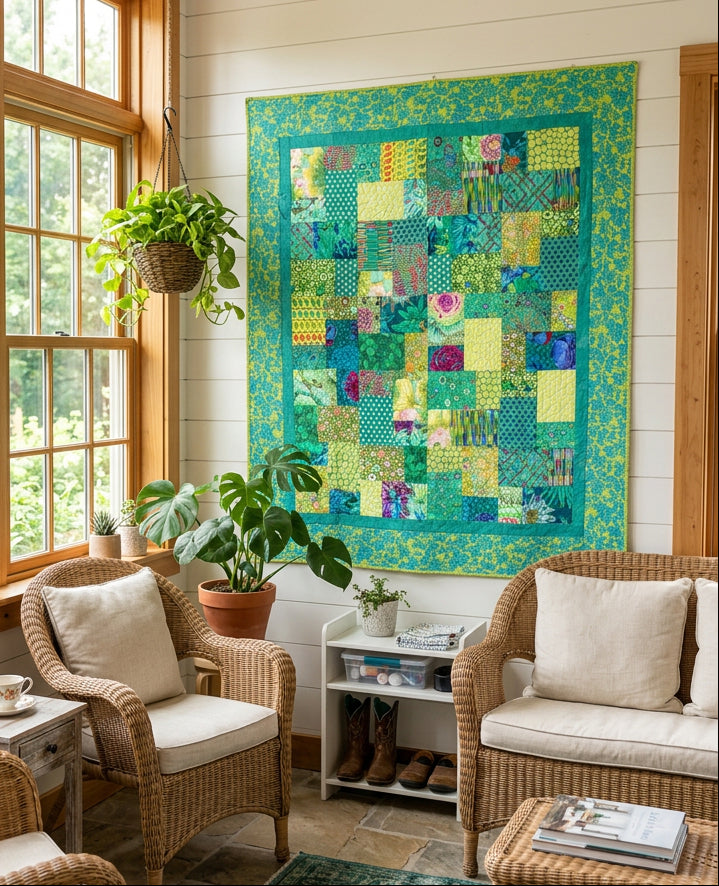 Handmade Patchwork Quilt | Turquoise, Teal & Lime Green