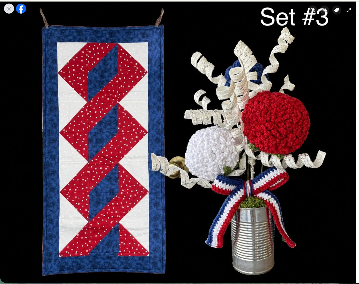 Stars & Stripes Patriotic Table Runner and Crocheted Flower Set - 3