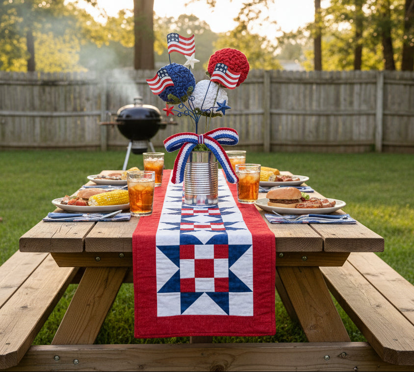 Stars & Stripes Patriotic Table Runner and Crocheted Flower Set 2
