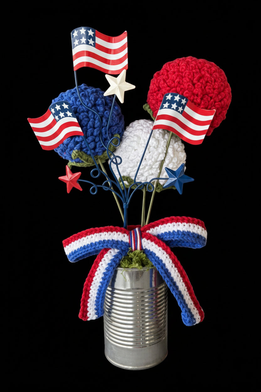 Stars & Stripes Patriotic Table Runner and Crocheted Flower Set 2