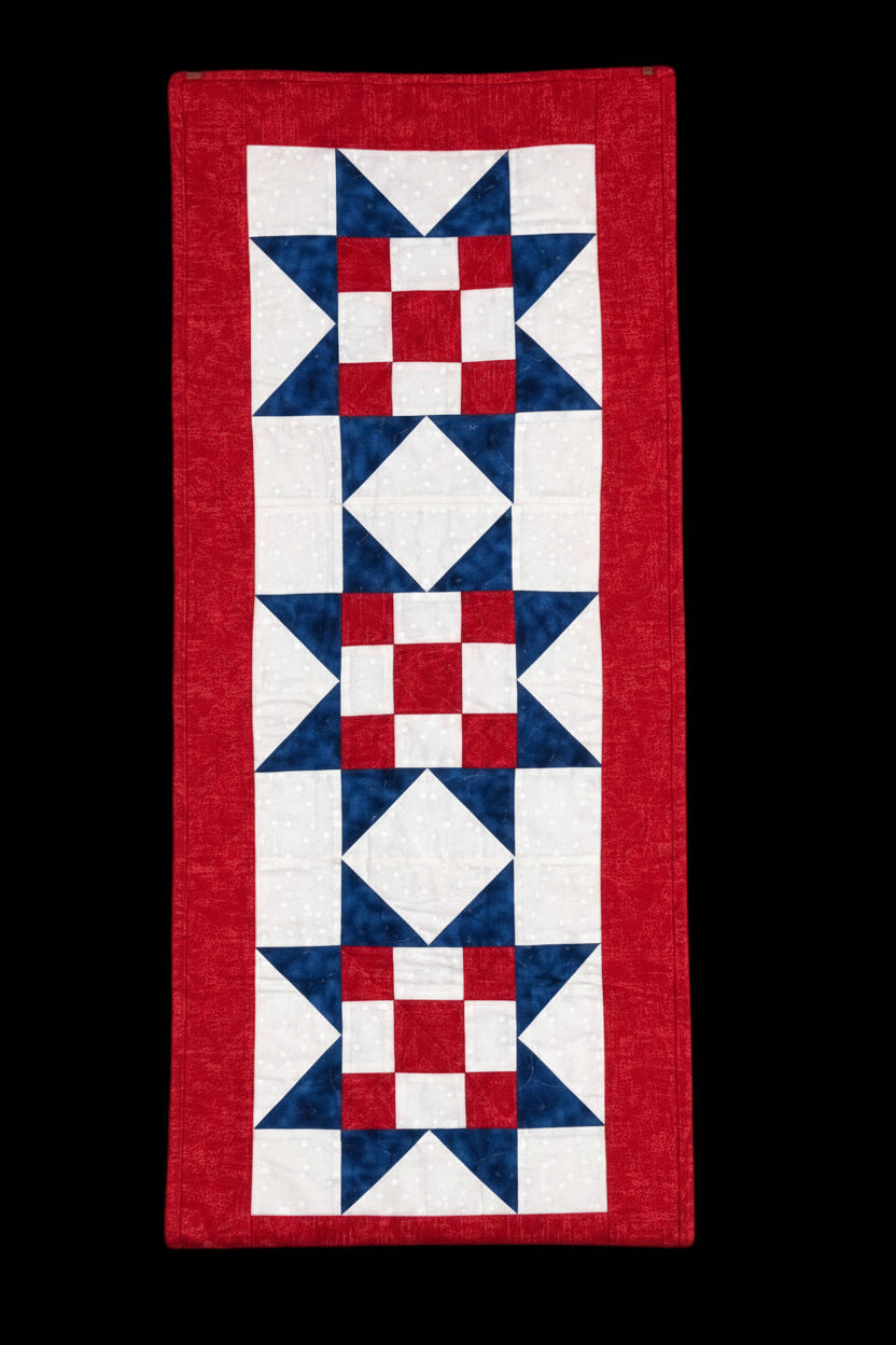 Stars & Stripes Patriotic Table Runner and Crocheted Flower Set 2