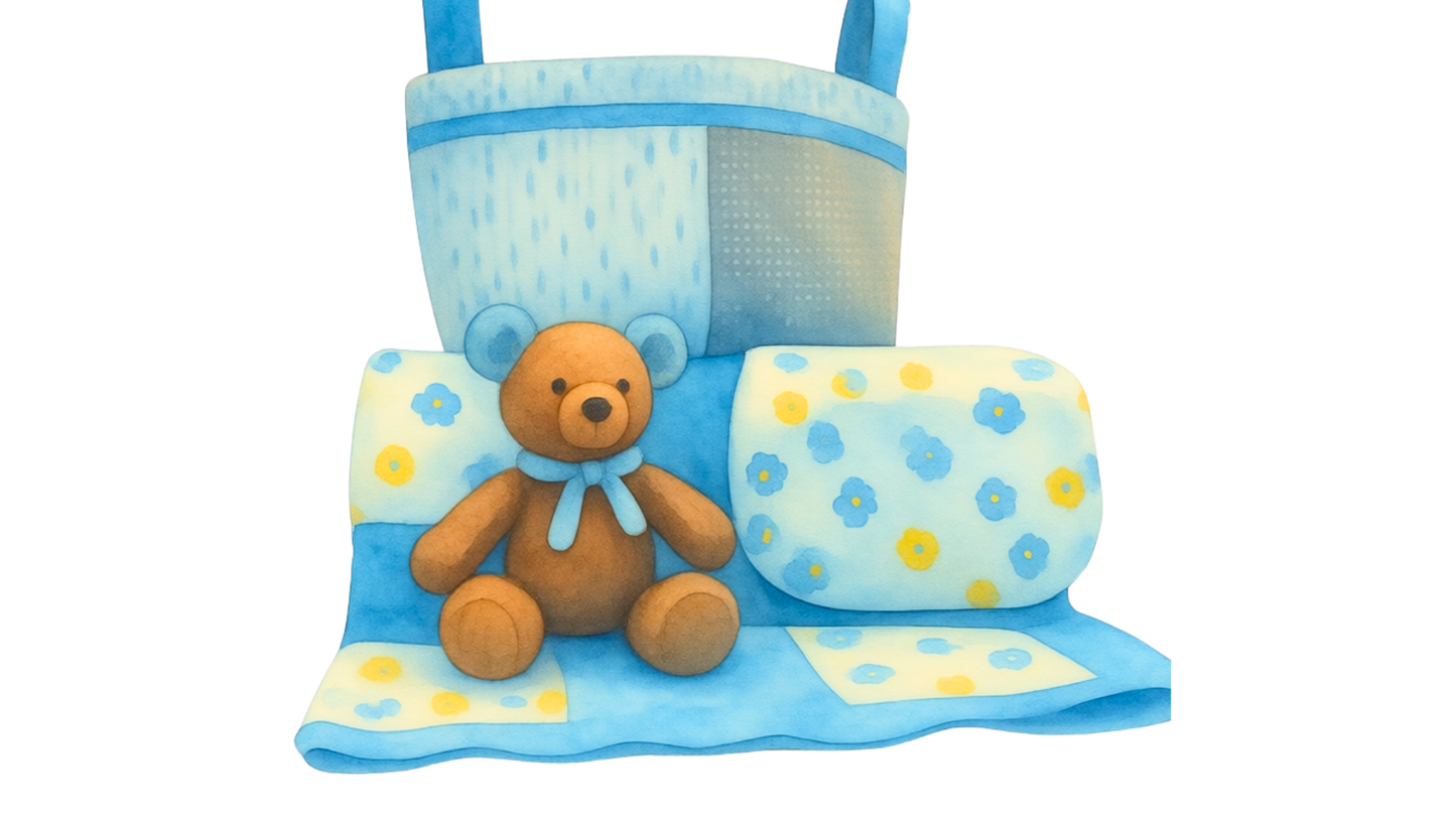 Blue Handmade Baby Gift Set – Nursery Basket, Blanket, Burp Cloth & Teddy Bear