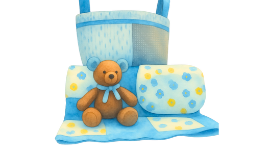 Blue Handmade Baby Gift Set – Nursery Basket, Blanket, Burp Cloth & Teddy Bear