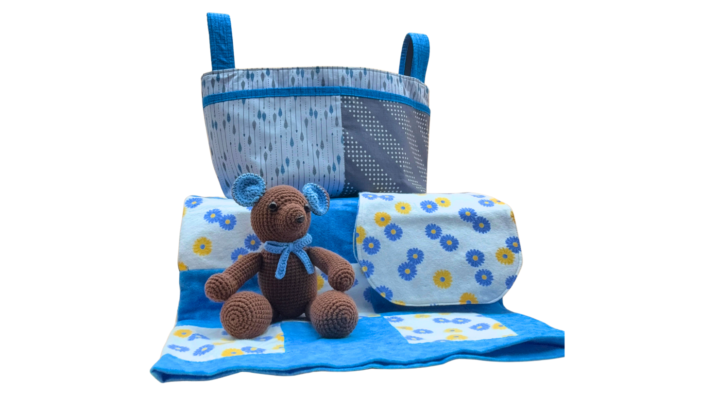 Blue Handmade Baby Gift Set – Nursery Basket, Blanket, Burp Cloth & Teddy Bear