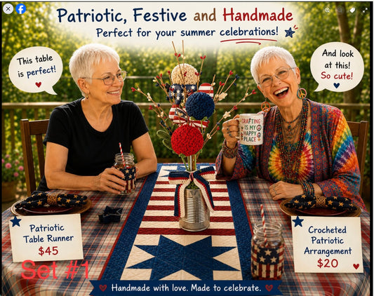 Stars & Stripes Patriotic Table Runner and Crocheted Flower Set - 1