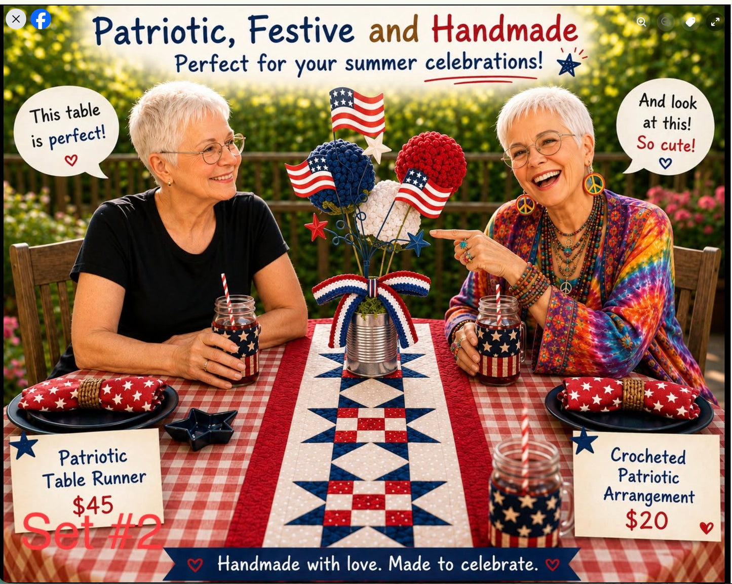 Stars & Stripes Patriotic Table Runner and Crocheted Flower Set 2