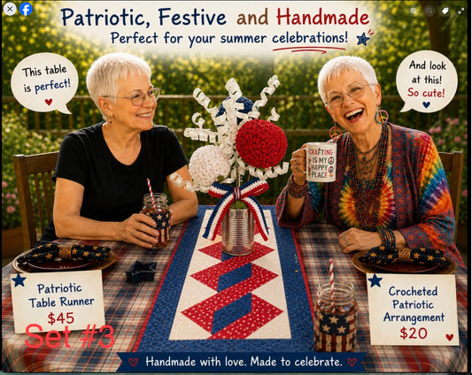 Stars & Stripes Patriotic Table Runner and Crocheted Flower Set - 3