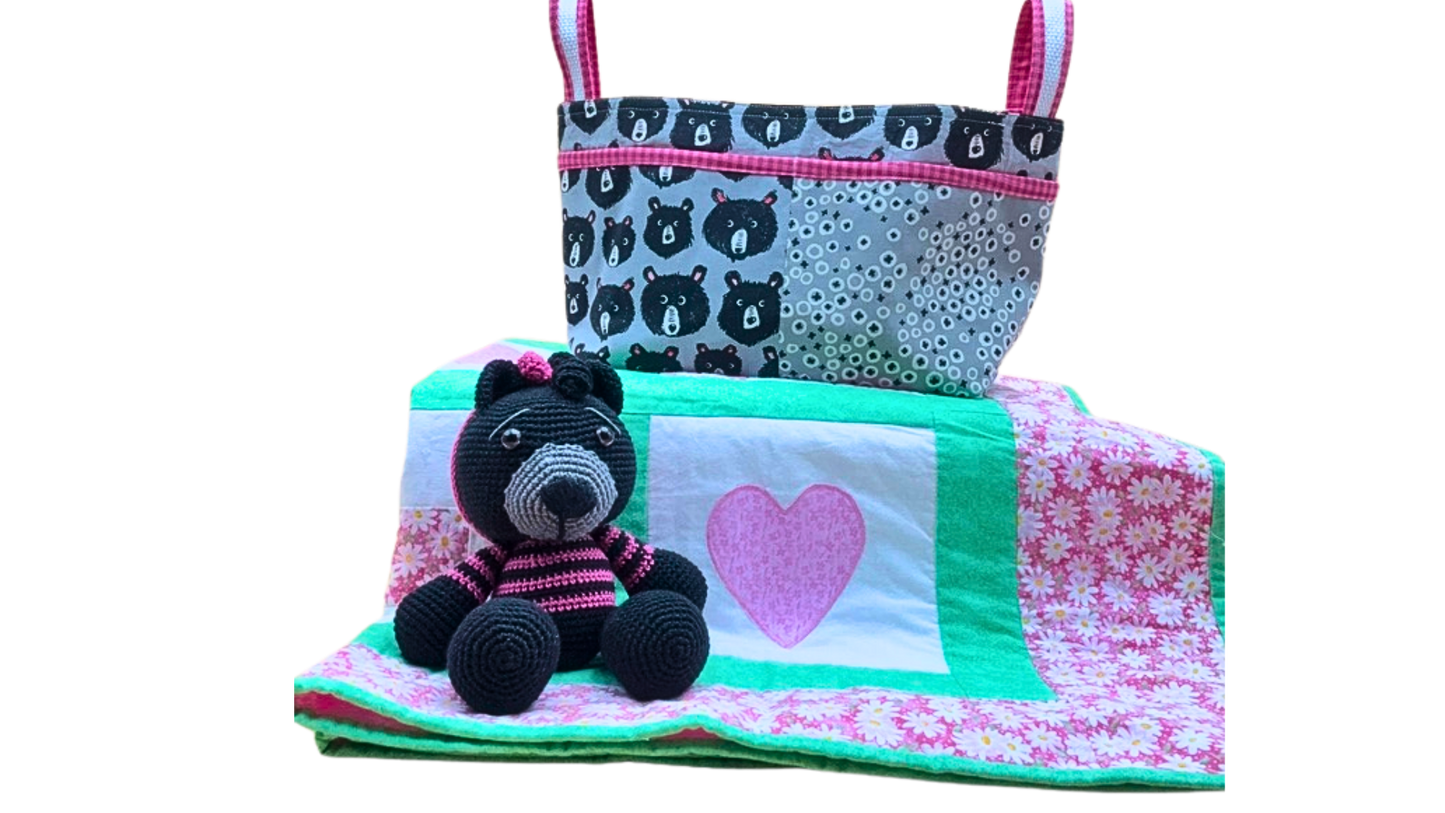 Handmade Baby Girl Gift Set – Bear Theme Nursery Set with Quilt, Basket & Crochet Teddy