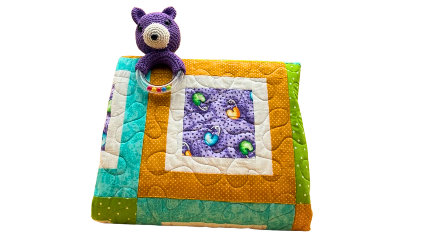 Handmade Purple Bear Baby Quilt Gift Set